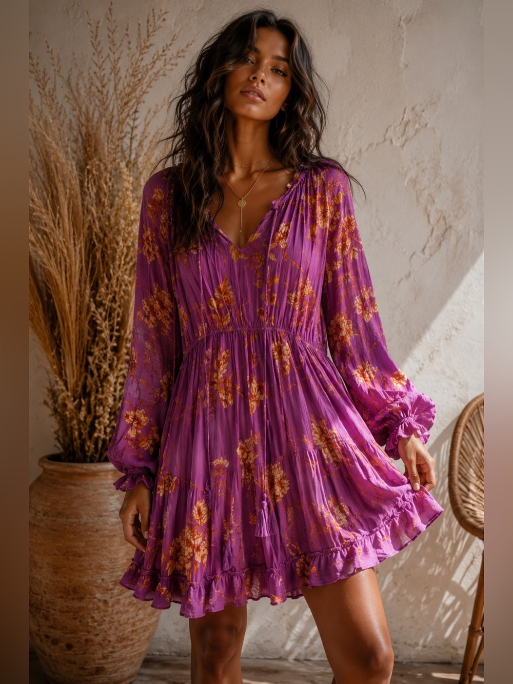 Boho Floral Long-Sleeve Mini Dress in Purple - Picture 1 of 1